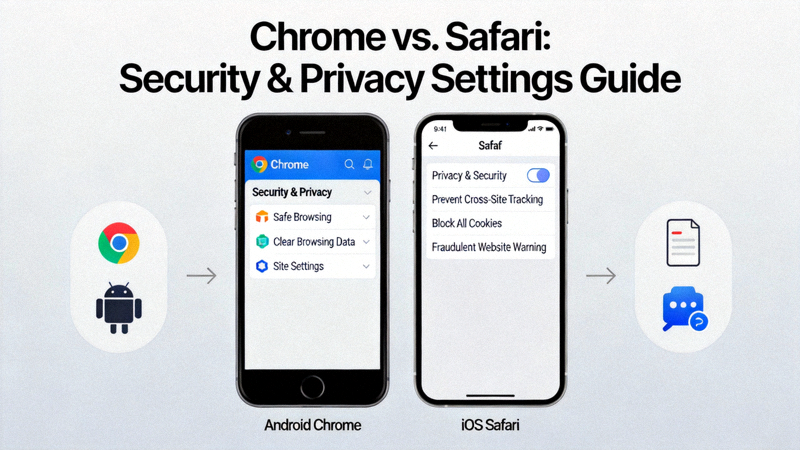 Android와 iOS 스마트폰 화면에서 Chrome 및 Safari 브라우저의 보안 및 개인정보 설정 메뉴를 표시한 가이드 이미지