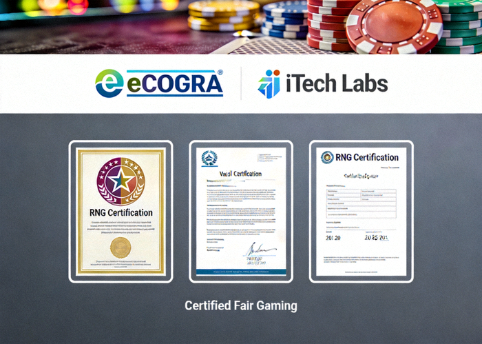 eCOGRA, iTech Labs 등 게임 공정성 검증 기관의 로고와 RNG 인증서가 표시된 카지노 사이트 하단 부분을 보여주는 스크린샷