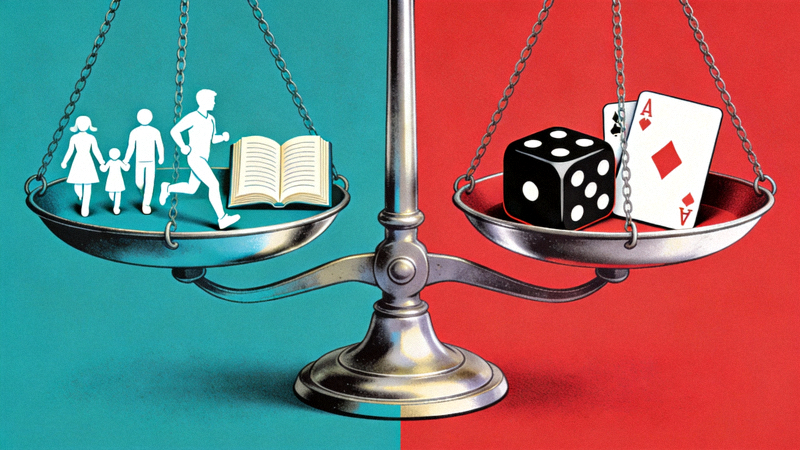 건강한 생활 아이콘(가족, 운동, 책)과 도박 관련 아이콘 사이에 저울이 놓여 있는 이미지로 책임 있는 게임의 균형을 표현