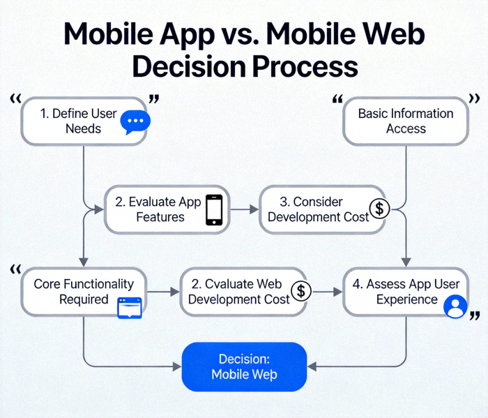 공식 모바일 앱과 모바일 웹 중 어떤 것을 선택할지 결정하는 과정을 보여주는 플로우 차트 다이어그램
