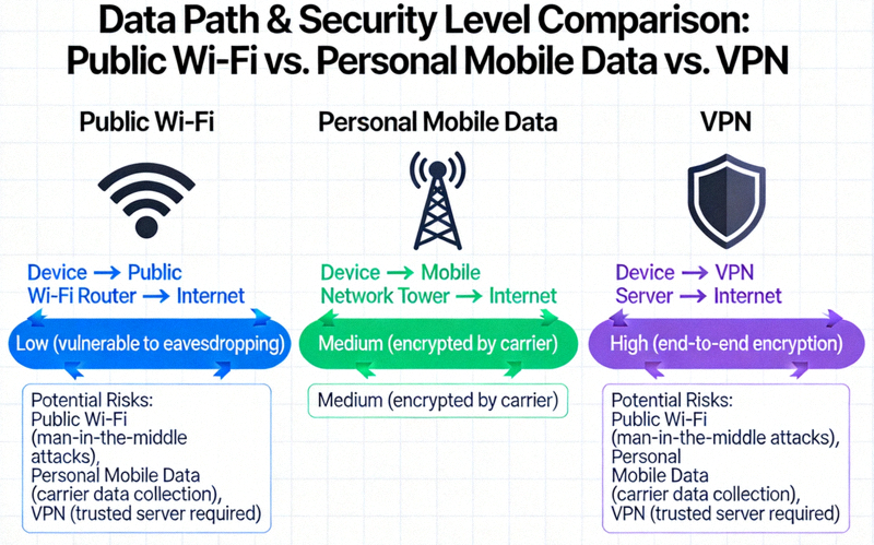 공용 Wi-Fi, 개인 모바일 데이터, VPN 사용 시 데이터 경로와 보안 수준을 비교 설명하는 인포그래픽