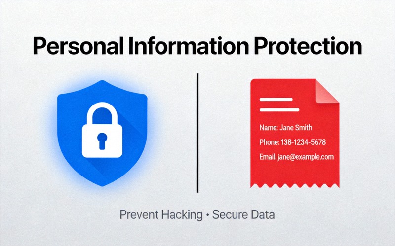 해킹 시도를 막는 방패 아이콘과 유출되는 개인정보 문서 아이콘이 대비되는 이미지로 개인정보 보호의 중요성을 강조