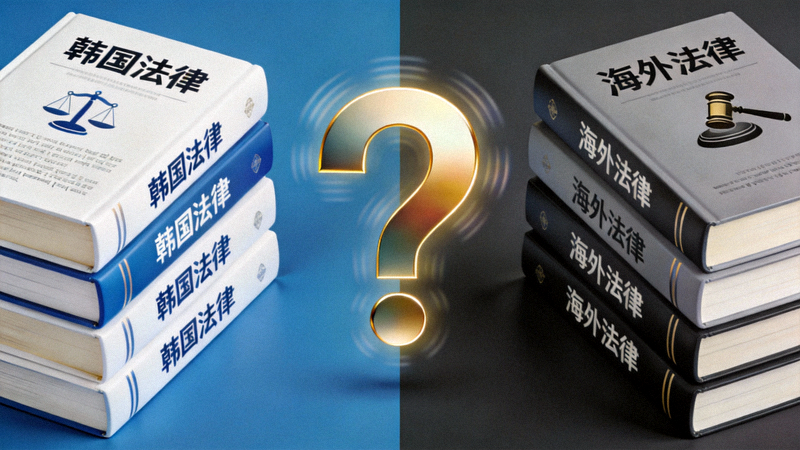 한국과 해외의 법률 책들을 대비시켜 놓고 그 사이에 물음표가 있는 이미지로 해외 배팅의 법적 관할권의 복잡성을 상징적으로 표현