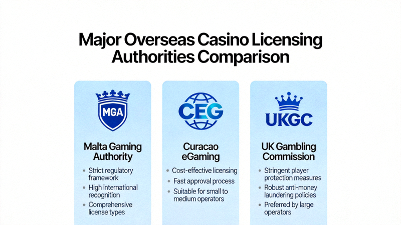 말타, 퀴라소, 영국 도박 위원회 등 주요 해외 카지노 라이선스 발급 기관의 로고와 특징을 비교 설명하는 이미지