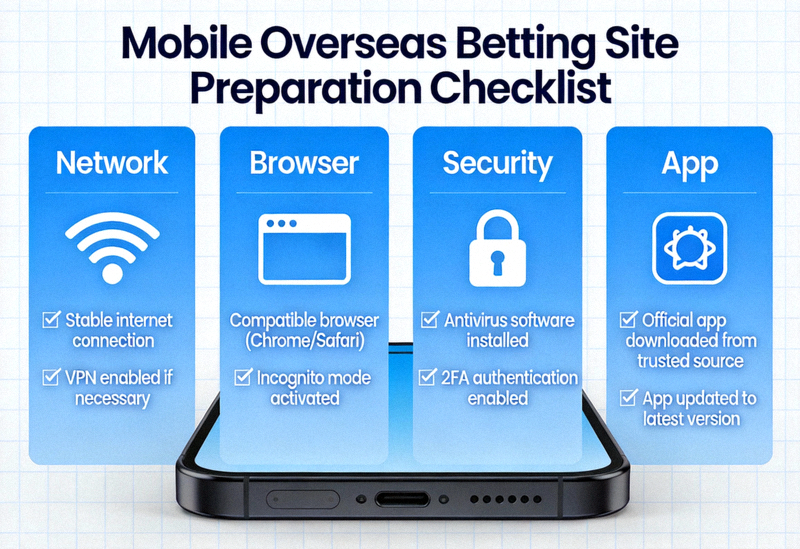 모바일에서 해외 배팅 사이트를 이용하기 전 네트워크, 브라우저, 보안, 앱 등 준비해야 할 항목들을 체크리스트 형식으로 정리한 인포그래픽