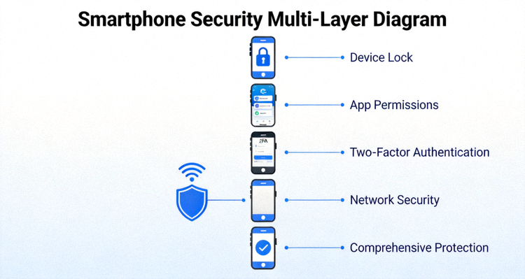 스마트폰 보안을 기기 잠금, 앱 권한, 2단계 인증, 네트워크 보안 등 여러 레이어로 설명하는 다이어그램